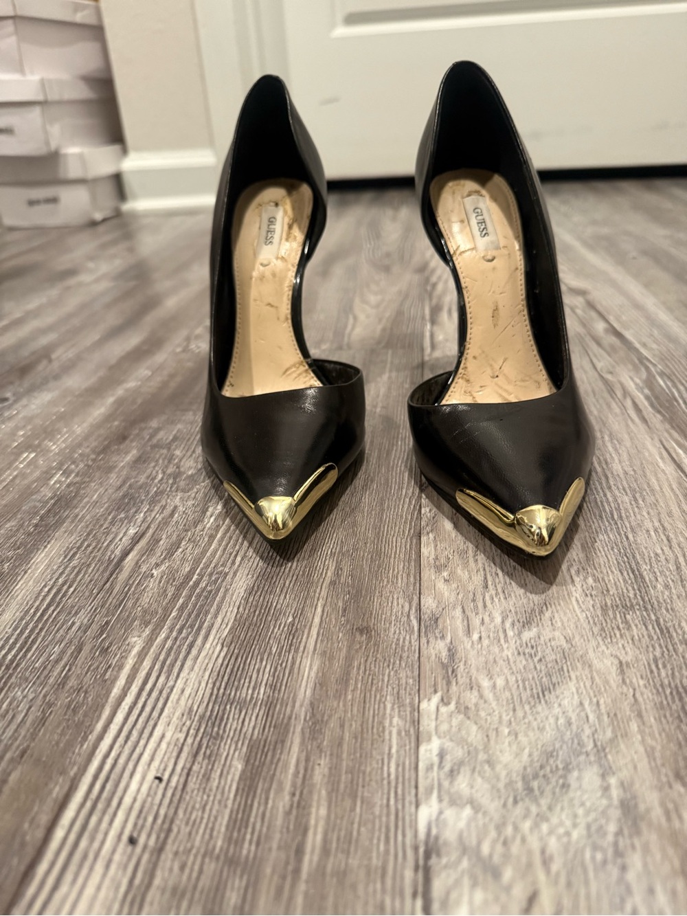 Guess Black Pointed Pumps with Gold Toe Accent